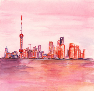 中国上海城市摩天大楼的地平线用水彩画画的插图照片