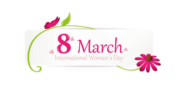 国际妇女日3月8日白色标签与粉红色的蝴蝶和花