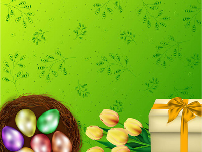复活节庆祝背景与彩色鸡蛋，郁金香花和礼品盒在绿色背景装饰的叶子涂鸦。