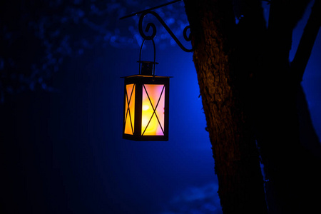 雾蒙蒙的夜晚，花园里美丽的彩色照明灯。 复古风格的灯笼在夜间户外。 选择性聚焦