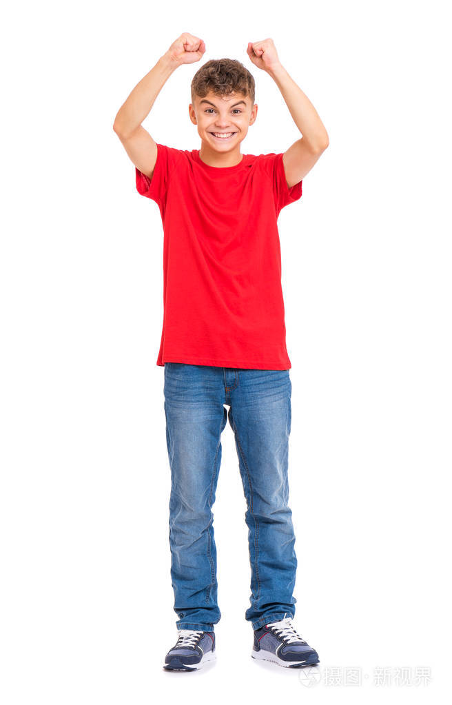 全长肖像的年轻白种人青少年男孩孤立在白色背景. 胜利尖叫有趣的少年