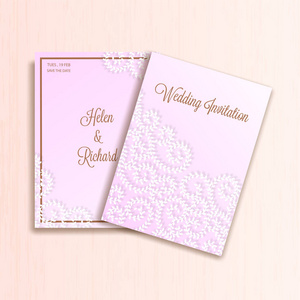 装饰花卉图案的粉红色背景婚礼邀请卡模板设计。
