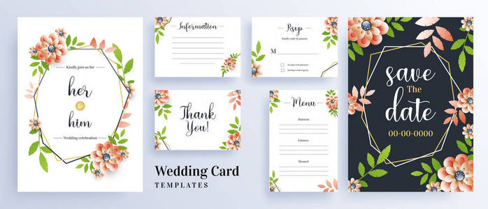 美丽的鲜花装饰婚礼邀请卡模板布局，以节省日期概念。