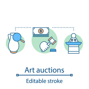 艺术拍卖概念图标。 真实性专业知识检查。 重视古代艺术品的销售。 古董餐具。 无价之宝。 事件想法细线插图。 矢量孤立轮廓图