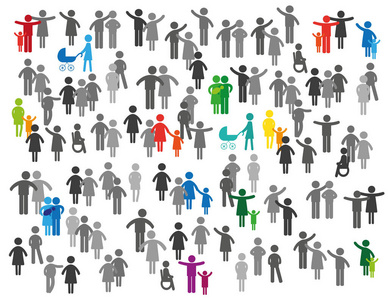 彩色抽象象形图，显示数字幸福的家庭团体或团队
