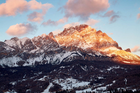 Ampezzo mountains covered in snow at sunset. Italy