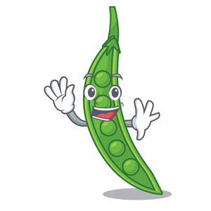 豌豆角在卡通碗中挥舞着雪豌豆矢量插图照片