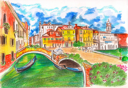 用铅笔涂有水彩的威尼斯运河和建筑物的插图照片