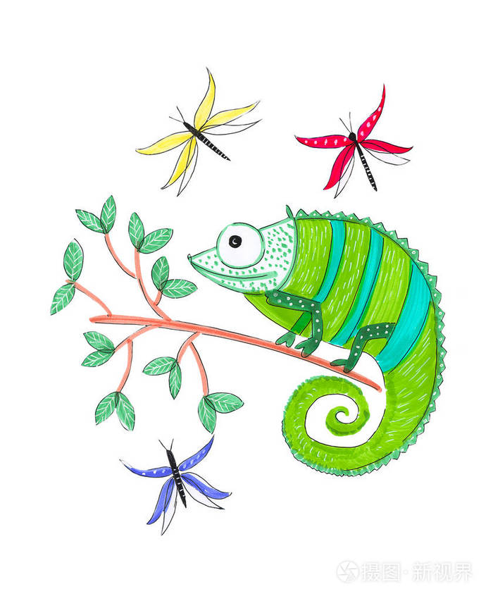 在白色的树枝上画一个水彩变色龙