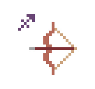 射手座生肖图标8位像素艺术弓和箭头隔离在白色背景上。 占星术符号。 深奥的科学标志。 占星徽。