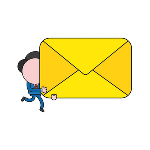 矢量插图商人字符运行和携带封闭式邮件信封。 颜色和黑色轮廓。