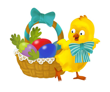 卡通快乐复活节鸡，复活节篮子里装满了五颜六色的鸡蛋，白色背景插图为孩子们准备