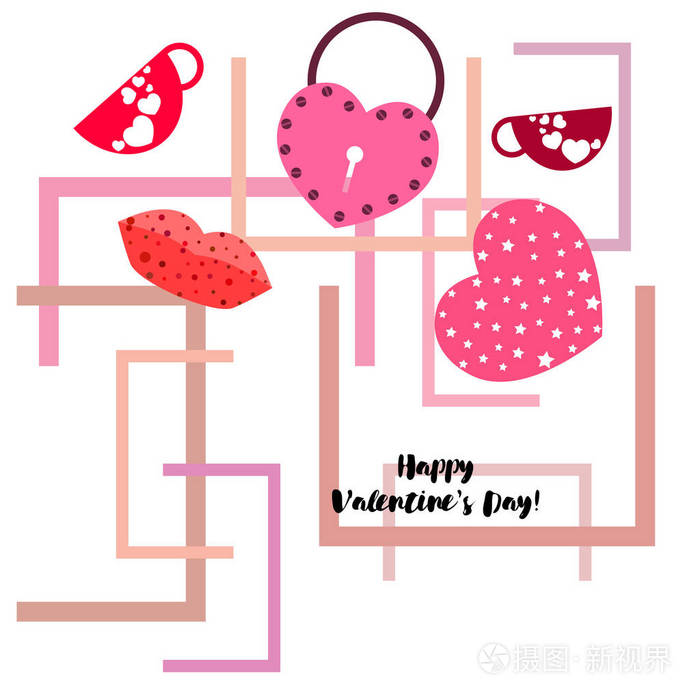 s Day, mug, lock, lips, heart, vector background