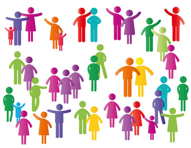彩色抽象象形图，显示数字幸福的家庭团体或团队