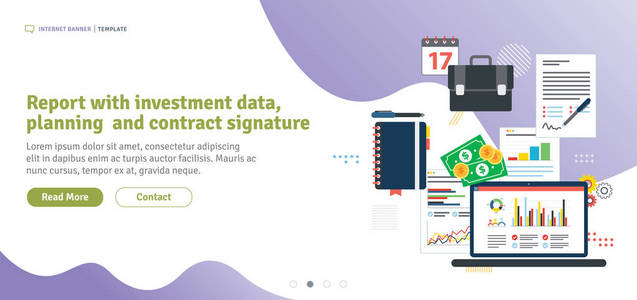 报告投资数据规划和合同签署。 具有商业收益和利润的投资数据。 模板在平面设计的网页横幅或信息图表在矢量插图。