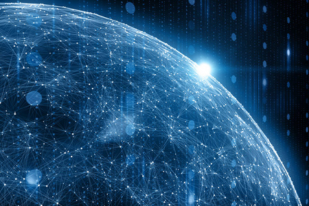 数字网络数据地球仪,从空间和光线耀斑中查看.人工智能插画背景.照片
