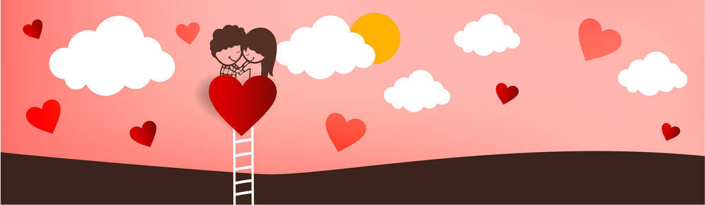 可爱的卡通情侣手牵着梯子和粉红色的天空，云和心，情人节横幅