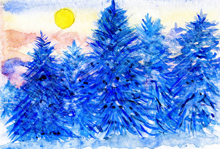冬天森林雪蓝树水彩