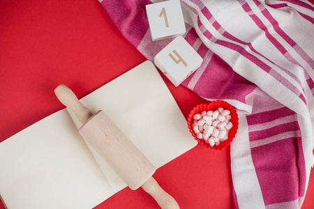 s day concept. Marshmallow, heart, kitchen towel, rolling pin fo