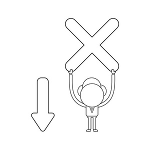 矢量插图商人字符与箭头向下移动和保持x标记。 黑色轮廓。