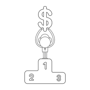 矢量插图商人字符举起美元符号在第一位的获奖者领奖台。 黑色轮廓。