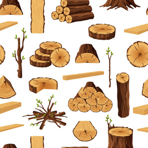 无缝图案的木柴材料, 用木元素重新解读背景。木木木木木木钉树干树干分支板树桩和板材木背景平的向量例证