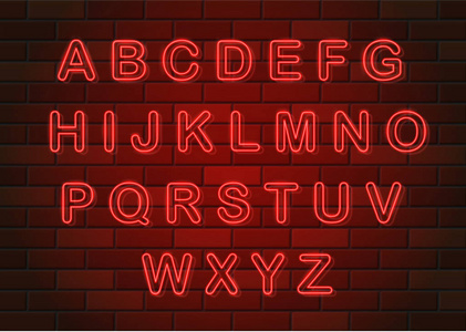 砖墙背景下发光的霓虹灯字母英文字母矢量插图