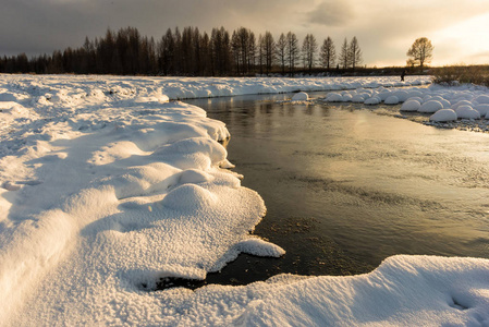 夕阳下一条河边的冬景与雪腐