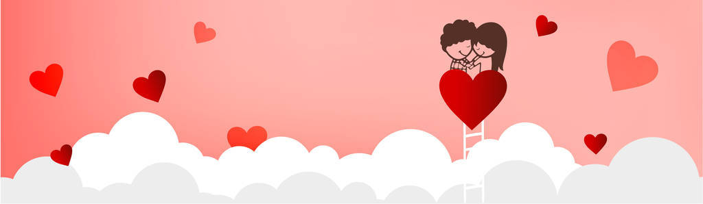 可爱的卡通情侣手举在云上的梯子上，红色的心举在粉红色美丽的情人节横幅上
