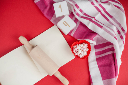 s day concept. Marshmallow, heart, kitchen towel, rolling pin fo