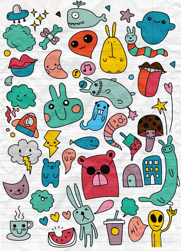手工绘制的多德尔卡瓦伊插画线条工具绘图平面设计一套可爱的补丁设计