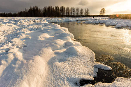夕阳下一条河边的冬景与雪腐图片