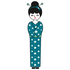 可爱可爱的年轻日本艺妓在和服矢量插图孤立的白色背景