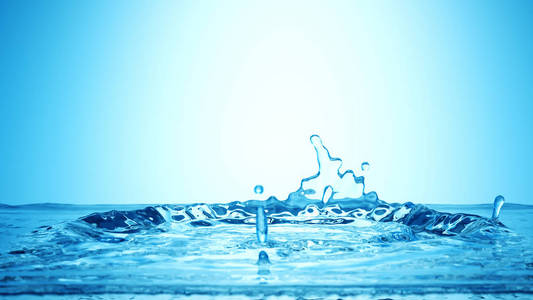 冷冻运动飞溅冠与波和水滴在平静的水面上现实的3d 例证。纯饮清新水源, 清洁环境和生态理念。天然产品展示