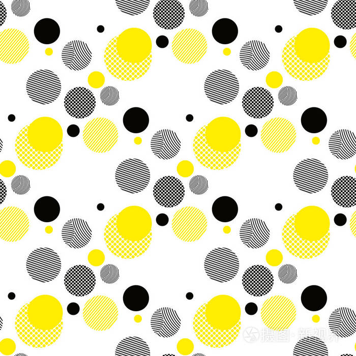 矢量几何无缝图案.普遍重复抽象圈子图在黑色白色黄色.