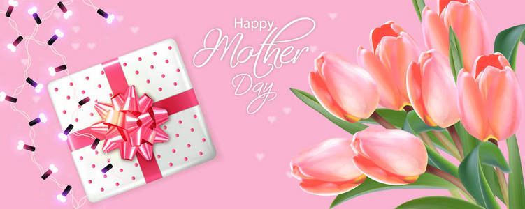 卡与郁金香花束矢量现实。粉红色背景上的礼物和鲜花。精致的节日海报。春季夏季卡片3d 插图