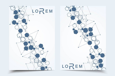 科学的宣传册设计模板。矢量海报布局 分子结构与连接的线和点。科学模式原子 Dna 与杂志 传单 封面 海报设计元素