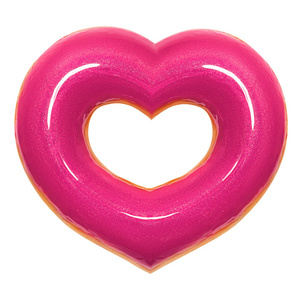 甜甜圈粉红色的心形状与红色釉面前面的看法隔离在白色背景与剪裁路径。甜甜圈情人节。概念爱是上光甜甜的食物