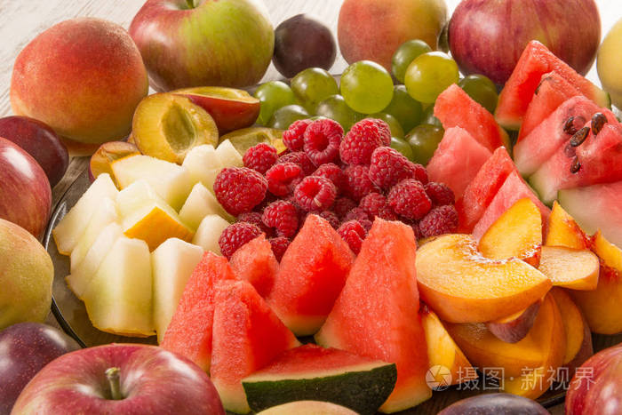 水果混合. 桃子葡萄,苹果,西瓜,瓜,覆盆子,李子.