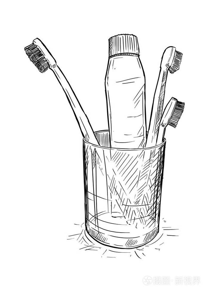 浴室玻璃杯用牙刷和牙膏手绘