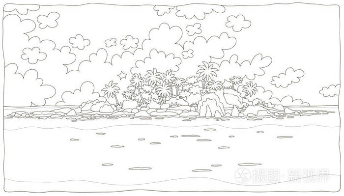 热带海洋中有岩石和棕榈的小荒岛,黑白矢量插图,卡通风格的彩色书插画