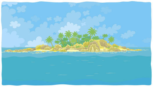 热带海洋中有岩石和棕榈的小荒岛,卡通风格的矢量插图照片