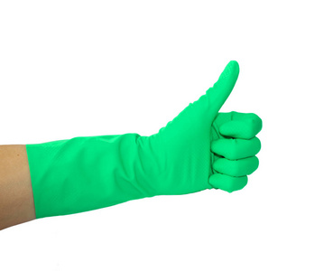用橡胶手套关闭人手的视野，用拇指向上显示OK或批准标志，在白色背景上隔离。