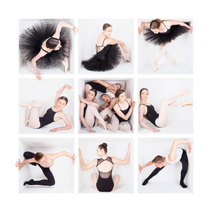 白盒系列青少年女性芭蕾舞演员在白色盒子里摆姿势，穿着芭蕾舞爵士乐或古典服装。使用多个photoshop图层，蒙版和模板，边框