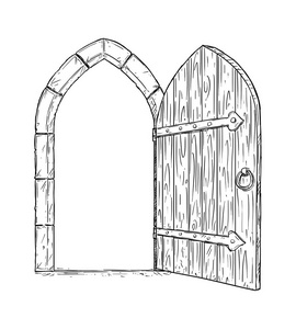 开放木制中世纪决策门的卡通绘画