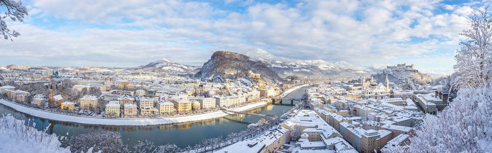 萨尔茨堡冬季全景雪域历史中心阳光