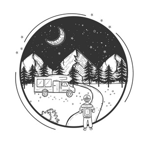 野生动物自然山脉森林夜景月亮和星星的矢量插图。 徒步旅行的人带着背包步行到露营车。 手绘现代复古风格。