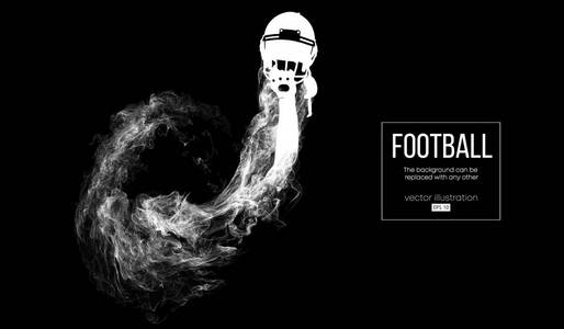 一个美国足球运动员的抽象剪影在黑暗的黑色背景从微粒, 尘土, 烟, 蒸汽。足球运动员拿着头盔。橄榄球。背景可以更改为任何其他。向