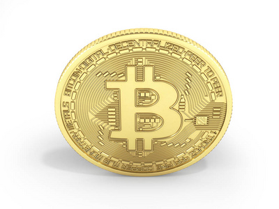 比特币3D等距物理比特币在黄金数字货币加密货币金币与符号隔离在白色背景3D渲染插图。