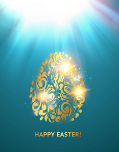 金色复活节彩蛋, 蓝色背景上有光斑。复活节快乐。用于您的设计的假日卡模板